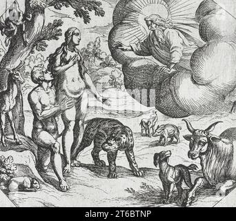 Adam and Eve Placed in the Garden of Eden, 16th century. From The Creation of the World. Stock Photo