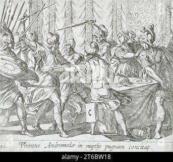 Phineus Attacking Perseus at the Wedding, published 1606. From The Metamorphoses of Ovid, pl. 42. Stock Photo