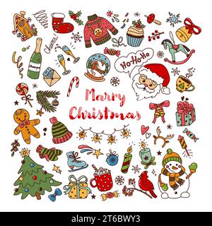 Set of color Christmas design fun doodle elements. Vector hand drawn  Stock Vector