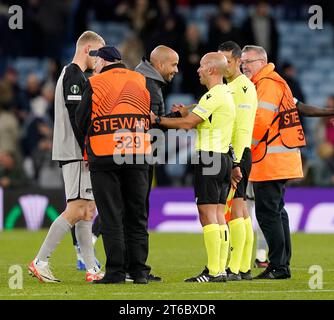 Birmingham, UK. 9th Nov, 2023. Pascal Jansen manager of AZ Alkmaar speaks to the officials at the final whistle during the UEFA Europa Conference League match at Villa Park, Birmingham. Picture credit should read: Andrew Yates/Sportimage Credit: Sportimage Ltd/Alamy Live News Stock Photo