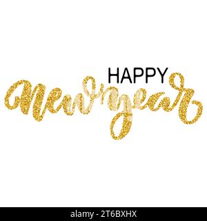 Happy new year brush hand lettering, isolated on white background, with golden glitter effect. Vector illustration. Can be used for holidays festive d Stock Vector