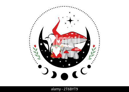 Magic Gnome in the mystical woods of mushrooms on crescent moon and stars. Christmas concept symbol, witchy esoteric fungus and moon phases. Magical Stock Vector