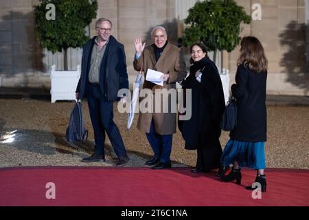 Elysee Palace in Paris on November 9, 2023. Secretary-General of Reporters Without Borders (RSF) Christophe Deloire, Mexican economist and diplomat, former Secretary-General of the Organisation for Economic Co-operation and Development (OECD) and president of the Paris Peace Forum Angel Gurria and his wife Lulu Quitana de Gurria, arrives to attend the dinner in honour of the Heads of State and Government and leaders of international organisations participating in the 6th Paris Peace Forum, at the presidential Elysee Palace in Paris on November 9, 2023. Representatives from states, internationa Stock Photo