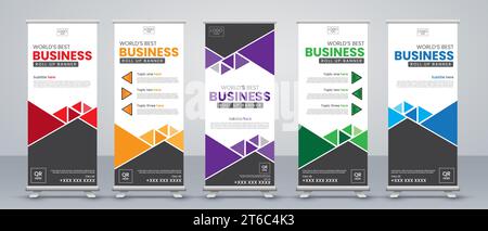 abstract roll up banner design set in red, blue, green, purple, yellow and black Stock Vector
