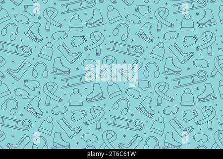 seamless winter, christmas pattern with scarf, mittens, cap, sled, ice skates, snow boots, earmuffs - vector illustration Stock Vector