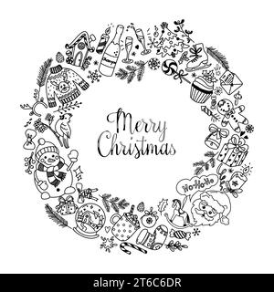Christmas wreath made of fun doodle illustrations. Hand drawn vector illustration Stock Vector