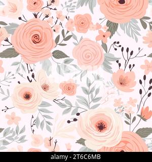 Seamless delicate pattern with ivory roses and powder pink roses on white. Wedding mood background in pastel colors. Vector format. Stock Vector
