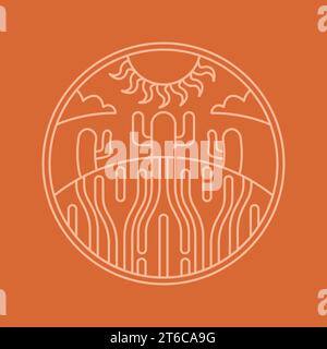 Desert cactus in the sand orange boho landscape aesthetic icon. Stock Vector