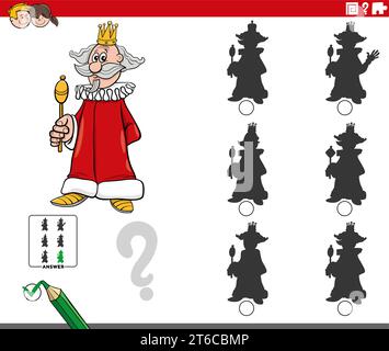 Cartoon illustration of finding the right picture to the shadow educational game with king character Stock Vector