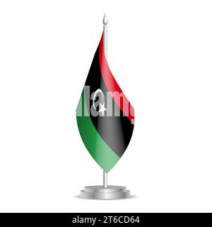 Libya flag - 3D mini flag hanging on desktop flagpole. Usable for summit or conference presentaiton. Vector illustration with shading. Stock Vector
