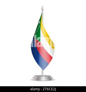 Comoros flag - 3D mini flag hanging on desktop flagpole. Usable for summit or conference presentaiton. Vector illustration with shading. Stock Vector