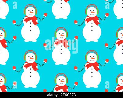 Seamless pattern with snowmen in warm headphones, scarf and mittens. Winter Christmas background with a snowman made of three snow balls. Xmas design Stock Vector
