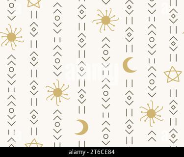 Simple ethnic tribal aztec, indial, mexican seamless pattern with stripes, moon, sun shapes background. Stock Vector