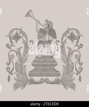 Little angel playing trumpet on the pillar with floral ornament, Vintage engraving drawing style illustration Stock Vector