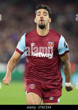 London, UK. 01st Feb, 2018. West Ham United's Lucas Paqueta celebrates the winning goal during Europa League Group A soccer match between West Ham United against Olympiacos F.C at London stadium, London on 09th November, 2023 Credit: Action Foto Sport/Alamy Live News Stock Photo