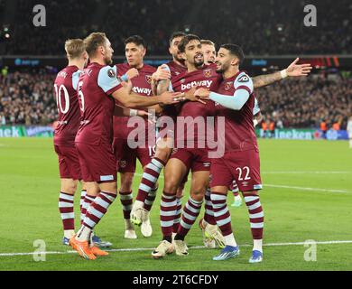 London, UK. 01st Feb, 2018. West Ham United's Lucas Paqueta celebrates the winning goal during Europa League Group A soccer match between West Ham United against Olympiacos F.C at London stadium, London on 09th November, 2023 Credit: Action Foto Sport/Alamy Live News Stock Photo