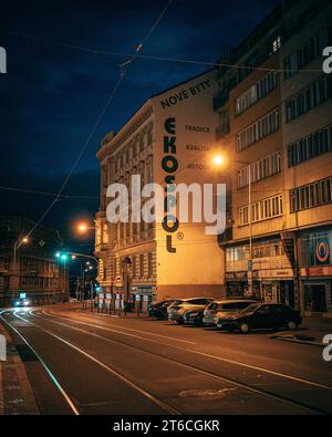 Street scene at night in Holešovice in Prague, Czechia Stock Photo