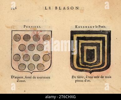 Imaginary coats of arms of King Arthurs Knights of the Round Table: Percides, with blue rondels on silver field, and Kalahart the Small, with three gold borders on black field. Chevaliers de la table ronde: Persides, Kalahart le Petit. Handcoloured woodblock engraving from Hierosme de Baras Le Blason des Armoiries, Chez Rolet Boutonne, Paris, 1628. Stock Photo