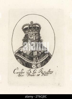 Oval portrait of King Charles I of England, Scotland, France and Ireland, 1600-1649. In crown, lace collar, ermine robes, with Order of the Garter on ribbon. Carolus DG Rex Ang Sco Fran et Hib. From William Faithorne's set of Kings. Copperplate engraving from Samuel Woodburns Gallery of Rare Portraits Consisting of Original Plates, George Jones, 102 St Martins Lane, London, 1816. Stock Photo