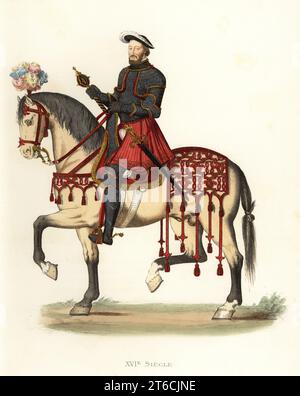 Portrait of King Francis I of France, 1494-1547. In a suit of black armour decorated in gold and silver, red skirt, holding a mace and the reins. Horse in plumes and caparison. Le Roi Francois Ier. Handcolored lithograph after an illustration by Edmond Lechevallier-Chevignard from Georges Duplessis's Costumes historiques des XVIe, XVIIe et XVIIIe siecles (Historical costumes of the 16th, 17th and 18th centuries), Paris, 1867. Edmond Lechevallier-Chevignard was an artist, book illustrator, and interior designer. Stock Photo
