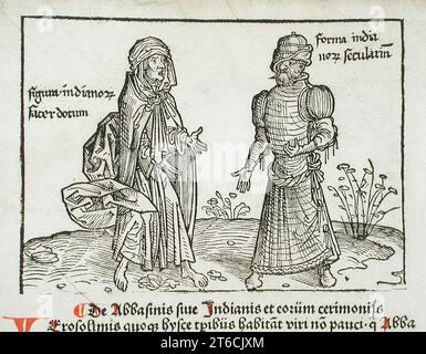 Two Figures, called 'Indians', published 1486. Book: Sanctae Peregrinationes by Breydenbach (Mainz, 1486). Stock Photo