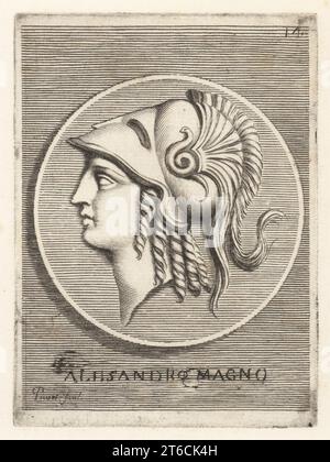 Profile portrait of Alexander the Great, Alexander III of Macedon, 356 323 BC, king of the ancient Greek kingdom of Macedon. Wearing a Corinthian helmet decorated with three feathers and a serpent. From a gold coin in the collection of Cardinal Camillo Massimo. Alessandro Magno. Copperplate engraving by Etienne Picart after Giovanni Angelo Canini from Iconografia, cioe disegni d'imagini de famosissimi monarchi, regi, filososi, poeti ed oratori dell' Antichita, Drawings of images of famous monarchs, kings, philosophers, poets and orators of Antiquity, Ignatio deLazari, Rome, 1699. Stock Photo