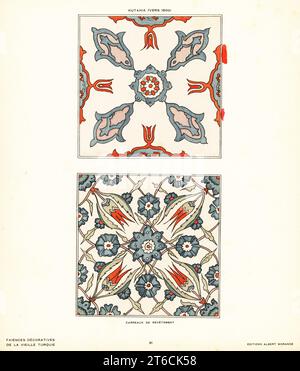 Ceramic floor tiles decorated with tulips and flowers made in Kutahya, Turkey, circa 1800. Carreaux de revetement. Kutahia (vers 1800). Pochoir (stencil) handcoloured lithograph from Alexandre Raymonds Faience Decorative de la Vieille Turquie, Decorative Pottery from Ancient Turkey, Editions Albert Morance, Paris, 1927. Stock Photo