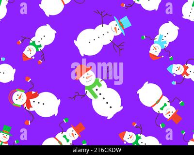 Snowmen seamless pattern. Snowmen dressed in hats, scarves, mittens, ties, headphones and bow tie for suit. Snowman made of three snow balls. Xmas des Stock Vector