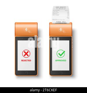 Vector 3d Orange NFC Payment Machine with Rejected and Approved Status, Paper Cash Receipt, Bill. Payment POS Terminal, Machine Design Template of Stock Vector