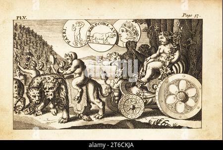 Bacchus, Roman god of wine and drunkenness. Crowned with vine leaves, he sits on a chariot drawn by lions, while satyrs and nymphs drink and dance in a bacchanalia. Copperplate engraving from Andrew Tookes The Pantheon, Representing the Fabulous Histories of the Heathen Gods, London, 1757. Stock Photo