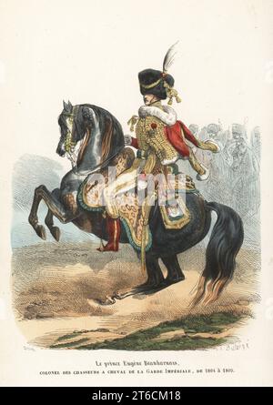 Prince Eugene Beauharnais, stepson of Napoleon, in uniform of a Colonel of the Horse Chasseurs of the Guards, 1781-1824. In hussar-like uniform with fur Busby hat, red pelisse and dolman with gold frogging, cream trousers and red boots, sabretache, armed with a sabre. Horse in leopard-skin shabrack. Le prince Eugene Beauharnais, Colonel des Chasseurs a Cheval de la Garde Imperiale, 1804-1809. Handcoloured woodcut by Quichon after an illustration by Hippolyte Bellangé from P.M. Laurent de lArdeches Histoire de Napoleon, Paris, 1840. Stock Photo