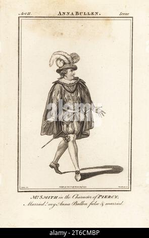 Mr. William Smith in the character of Piercy in John Banks Ann Bullen, Covent Garden Theatre, 1758. Smith was an English actor and theatre manager, 1730-1819. Copperplate engraving by J. Thornthwaite after an illustration by James Roberts from Bells British Theatre, Consisting of the most esteemed English Plays, John Bell, London, 1776. Stock Photo