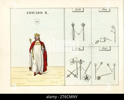 Portrait of King Edward II of England, Edward of Caernavon. With crown, sceptre, orb and mantle. Emblems indicate marriage to Isabella of France, death of Gaveston, Battle of Bannockburn, and murder. Handcoloured steel engraving after an illustration by Mary Ann Rundall from A Symbolical History of England, from Early Times to the Reign of William IV, J.H. Truchy, Paris, 1839. Mary Ann Rundall was a teacher of young ladies in Bath, and published her book of mnemonic emblems in 1815. Stock Photo