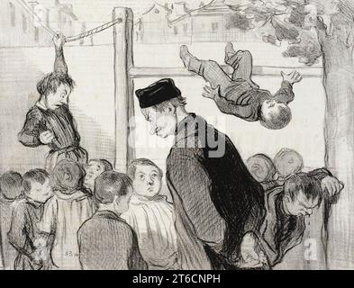 &#xc7;omme quoi la gymnastique forme les membres.., 1845. 'Comme quoi la gymnastique forme les membres, mais d&#xe8;forme le nez'. Teacher to pupils after one has sustained a nosebleed: 'Shows that gymnastics trains the limbs, but deforms the nose'. Series: Professeurs et Moutards, no. 7; Periodical: Le Charivari, 27 December 1845. Stock Photo