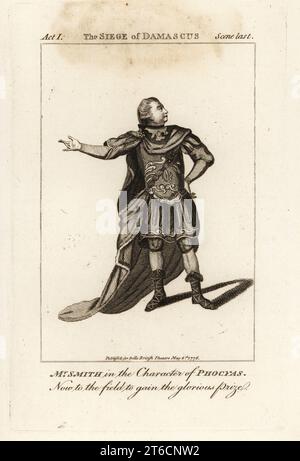 Mr. William Smith in the character of Phocyas in John Hughes The Siege of Damascus, Covent Garden Theatre, 1772. Smith was an English actor and theatre manager, 1730-1819. Copperplate engraving after an illustration by James Roberts from Bells British Theatre, Consisting of the most esteemed English Plays, John Bell, London, 1777. Stock Photo