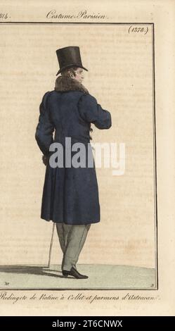 French gentleman in top hat, ratine wool riding coat with Astrakhan or Karakul collar and cuffs. Redingote de Ratine a Collet et parmens d'Astracan. Handcoloured copperplate engraving by Pierre-Charles Baquoy after a fashion plate by Horace Vernet from Pierre de la Mesangeres Journal des Dames et des Modes, Magazine of Women and Fashion, Paris, 1814. Stock Photo