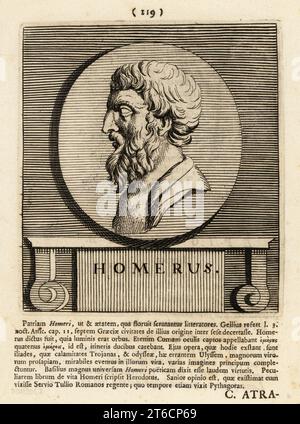 Homer, Greek poet, presumed author of the Iliad and the Odyssey, two epic poems that are the foundational works of ancient Greek literature. Homerus. Copperplate engraving by Pieter Bodart (1676-1712) from Henricus Spoors Deorum et Heroum, Virorum et Mulierum Illustrium Imagines Antiquae Illustatae, Gods and Heroes, Men and Women, Illustrated with Antique Images, Petrum, Amsterdam, 1715. First published as Favissæ utriusque antiquitatis tam Romanæ quam Græcæ in 1707. Henricus Spoor was a Dutch physician, classical scholar, poet and writer, fl. 1694-1716. Stock Photo