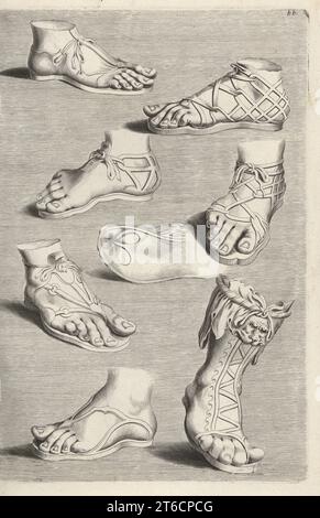 Roman leather footwear, sandals or solea, shoes, boots or calceus, etc. Imperial Roman boot or caligae at lower right. From sculptures in the Galleria Giustiniana. Copperplate engraving after an illustration by Joachim von Sandrart from his LAcademia Todesca, della Architectura, Scultura & Pittura, oder Teutsche Academie, der Edlen Bau- Bild- und Mahlerey-Kunste, German Academy of Architecture, Sculpture and Painting, Jacob von Sandrart, Nuremberg, 1675. Stock Photo