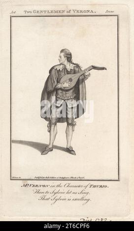 Mr. Vernon in the character of Thurio in William Shakespeare's Two Gentlemen of Verona, a revival at Drury Lane Theatre, 1762. In cloak, waistcoat, Van Dyke collar, breeches, playing a lute. Joseph Vernon, was an English actor and singer who performed in London and Dublin, c. 1731-1782. Copperplate engraving after a portrait by James Roberts from John Bell's Edition of Shakespeare, London, March 7, 1776. Stock Photo
