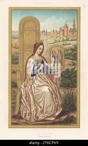 Allegorical figure of Reason, France, 16th century. Seated on a throne, she holds a gold painting with the figures of Faith and Hope. La Raison. XVIe siecle. Taken from a manuscript of Petrarch's De remediis utriusque fortunae, MS 6877, Bibliotheque Imperiale. Chromolithograph by Giare after an illustration by Claudius Joseph Ciappori from Charles Louandres Les Arts Somptuaires, The Sumptuary Arts, Hangard-Mauge, Paris, 1858. Stock Photo