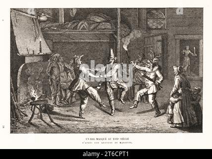 A masked ball, 17th century. Men in costumes and masks dance with torches in front of a fireplace in a rustic hall. Some as frigures from the Commedia dell'arte. Un bal masque au XVIIe siecle. After an engraving by Jean Mariette. Lithograph from Henry Rene dAllemagnes Recreations et Passe-Temps, Games and Pastimes, Hachette, Paris, 1906. Stock Photo