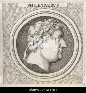 Philetaerus, founder of the Attalid dynasty of rulers of Pergamon, Anatolia, c.343-263 BC. A eunoch, he adopted his nephew Eumones I to succeed him. Philataerus. Copperplate engraving after an illustration by Joachim von Sandrart from his LAcademia Todesca, della Architectura, Scultura & Pittura, oder Teutsche Academie, der Edlen Bau- Bild- und Mahlerey-Kunste, German Academy of Architecture, Sculpture and Painting, Jacob von Sandrart, Nuremberg, 1675. Stock Photo