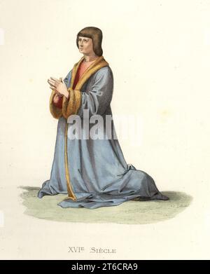 Jehan Obry, sergeant-at-arms in Amiens, kneeling with his hands joined in prayer, in fur-lined grey coat and red doublet. Bourgeois d'Amiens. After a miniature in a manuscript offered to Louise de Savoie. Handcolored lithograph after an illustration by Edmond Lechevallier-Chevignard from Georges Duplessis's Costumes historiques des XVIe, XVIIe et XVIIIe siecles (Historical costumes of the 16th, 17th and 18th centuries), Paris, 1867. Edmond Lechevallier-Chevignard was an artist, book illustrator, and interior designer. Stock Photo