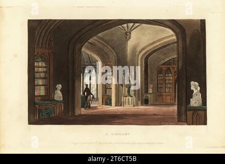 Design for a Gothic-style library, Regency Era. The vaulted room has stained-glass windows, a marble altar with candlelabra, busts, etc. The bookcases have protectuve silk drapes. Handcoloured copperplate engraving from The Upholsterer's and Cabinet-Maker's Repository consisting of seventy-six designs of modern and fashionable furniture, Rudolph Ackermann, London, 1830. Stock Photo