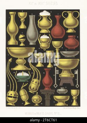 Vases, goblets, bowls, lamps, inkwells, censers, keys, and other equipment, 12th and 13th centuries. Meubles et objets divers, XIIe et XIIIe siecles. Taken from manuscripts and stained-glass windows. Chromolithograph by Ferdinand Sere and Auguste Racinet from Charles Louandres Les Arts Somptuaires, The Sumptuary Arts, Hangard-Mauge, Paris, 1858. Stock Photo