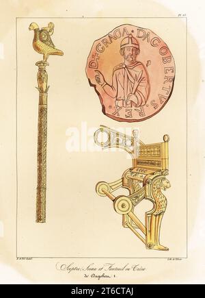 Sceptre, seal and throne of Dagobert I (c. 603-639), king of Austrasia, all the Franks, Neustria and Burgundy. Last king of the Merovingian dynasty. Sceptre, Sceau et Fauteuiil ou Trone de Dagobert I. Handcoloured lithograph by Villain after an illustration by Horace de Viel-Castel from his Collection des costumes, armes et meubles pour servir à l'histoire de la France (Collection of costumes, weapons and furniture to be used in the history of France), Treuttel & Wurtz, Bossange, 1827. Stock Photo