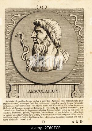 Asclepius or Hepius, hero and god of medicine in ancient Greek religion and mythology. With serpent-entwined staff and serpents. Copperplate engraving by Pieter Bodart (1676-1712) from Henricus Spoors Deorum et Heroum, Virorum et Mulierum Illustrium Imagines Antiquae Illustatae, Gods and Heroes, Men and Women, Illustrated with Antique Images, Petrum, Amsterdam, 1715. First published as Favissæ utriusque antiquitatis tam Romanæ quam Græcæ in 1707. Henricus Spoor was a Dutch physician, classical scholar, poet and writer, fl. 1694-1716. Stock Photo
