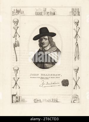 John Bradshaw, President of the High Court of Justice, died 1659. Bradshaw, 16021659, English jurist, regicide of King Charles I of England. With his autograph and seal. Within a frame decorated with vignettes of skull and cross bones, chains and executioners axe, a man hanging from a gibbet at Tyburn, a condemned man on a sled, the Tower of London, Newgate Prison. Copperplate engraving by H. Cook within a frame by Robert Cooper from James Caulfields The High Court of Justice, London, 1820. Stock Photo