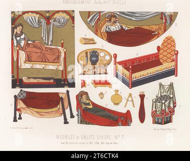 Beds and other furniture, late 12th century. Beds and cots with curtains 1-5, bed with moveable disk 3, desk 6, ceremonial chair 7, table 8, stool 9, quiver 10, stonemason's compass 11, vases 12,13, and fragment of book binding 14. Meubles et objets divers 7, fin du XIIe siecle. Taken from a manuscript Psalterium Cantuariense, Latin 8846, Psautier MS 1194, Bibliotheque Imperiale de Paris. France XIIe Siecle. Chromolithograph drawn and lithographed by Ferdinand Sere and Auguste Racinet from Charles Louandres Les Arts Somptuaires, The Sumptuary Arts, Hangard-Mauge, Paris, 1858. Stock Photo