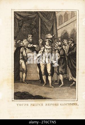Henry, Prince of Wales, later Henry V, sentenced to prison for contempt by judge Sir William Gascoigne. Young prince before Gascoigne. Copperplate engraving from M. A. Jones History of England from Julius Caesar to George IV, G. Virtue, 26 Ivy Lane, London, 1836. Stock Photo